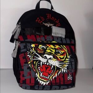 Ed Hardy Black and Red Backpack with Tiger Design